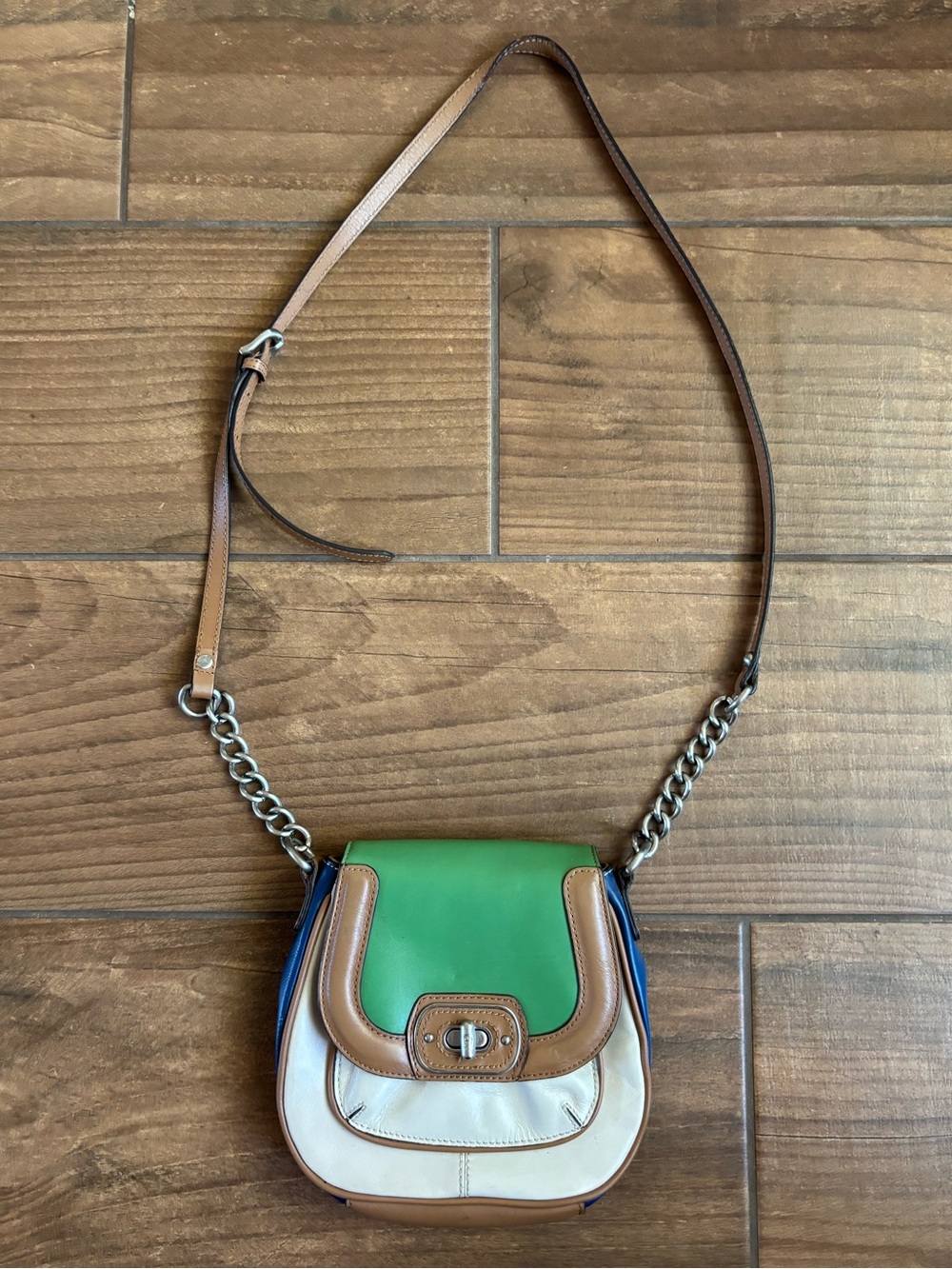 Etienne Aigner Colorblock Leather Saddle Crossbody Bag Green Blue Tan